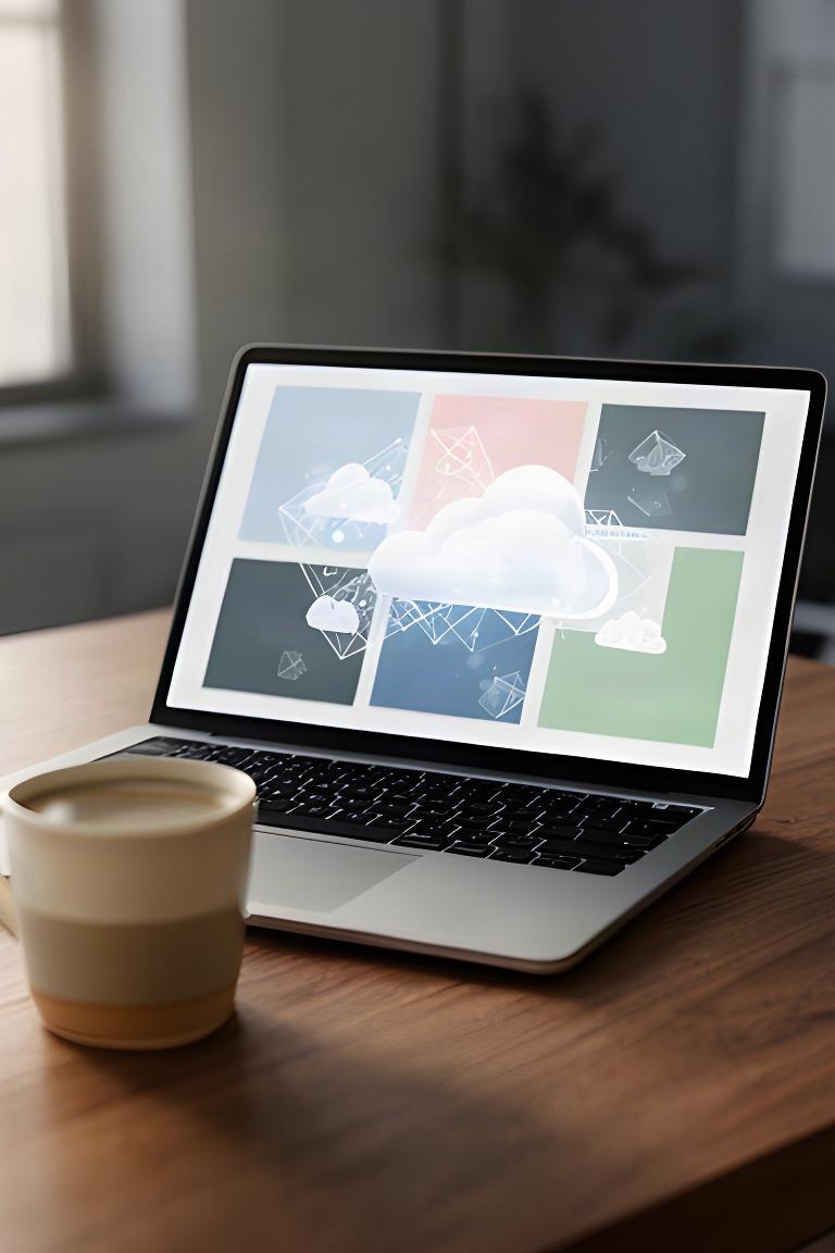 Laptop displaying a secure cloud data workspace beside a cup on a wooden desk