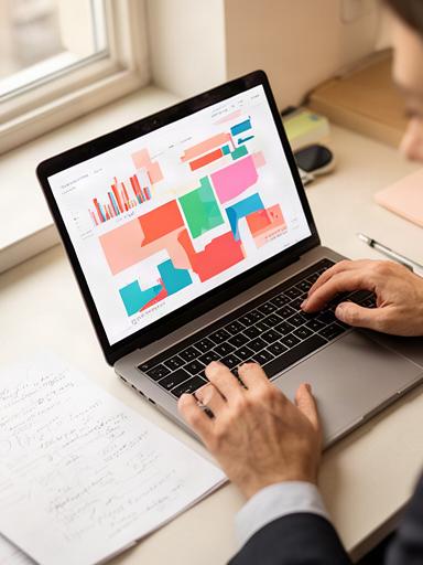 Analyst reviewing colourful business charts on a laptop beside handwritten notes