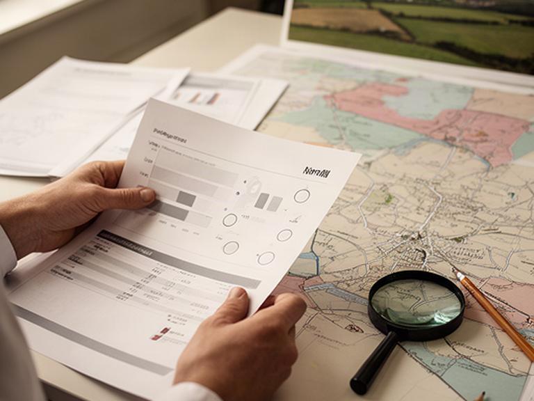 Researcher examining a printed demographic report beside a Norfolk town map