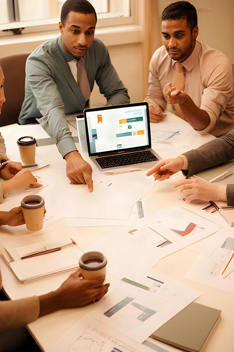 Small client workshop reviewing business metrics on printed charts and a laptop