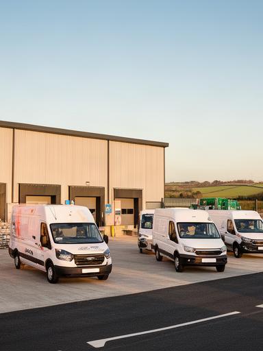 Norfolk delivery vehicles outside a distribution centre on a clear morning
