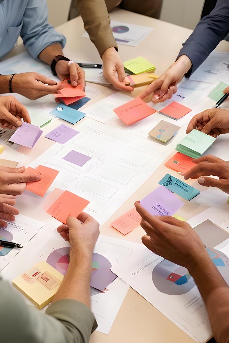 Retail team sorting customer segments on printed charts around a meeting table