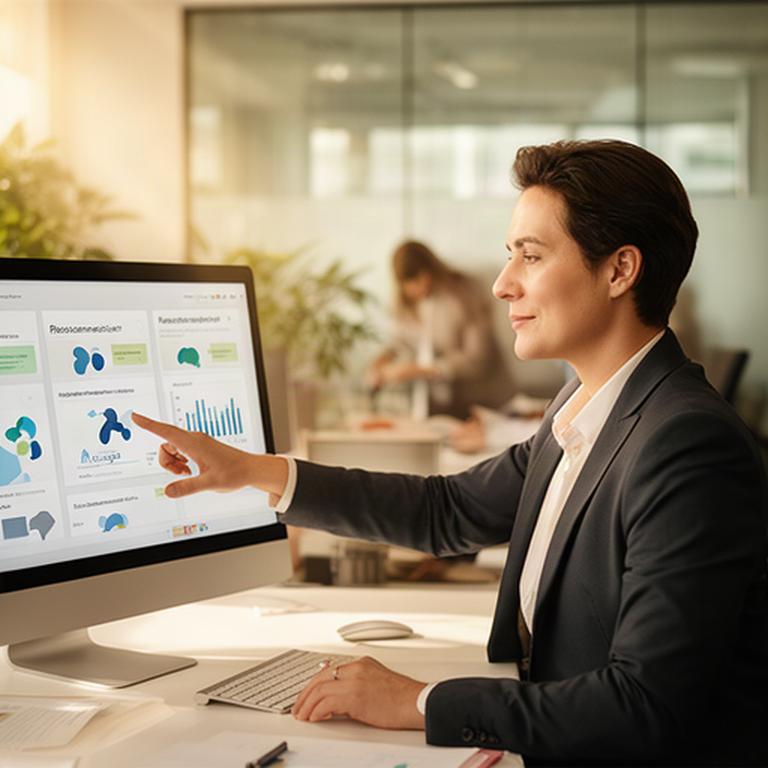 Manager studying an executive dashboard with clear recommendations in a shared office