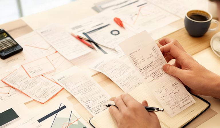 Market researcher studying retail receipts and sales charts on a desk