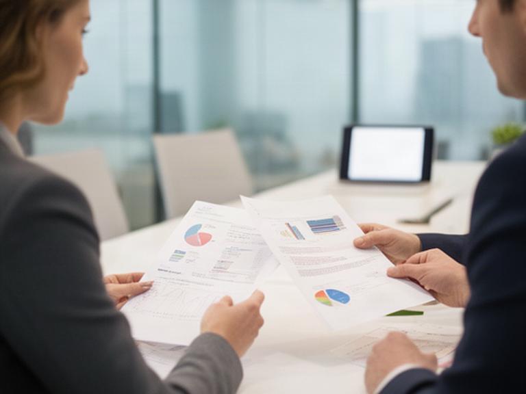 Colleagues reviewing secure business data on paper in a modern meeting room