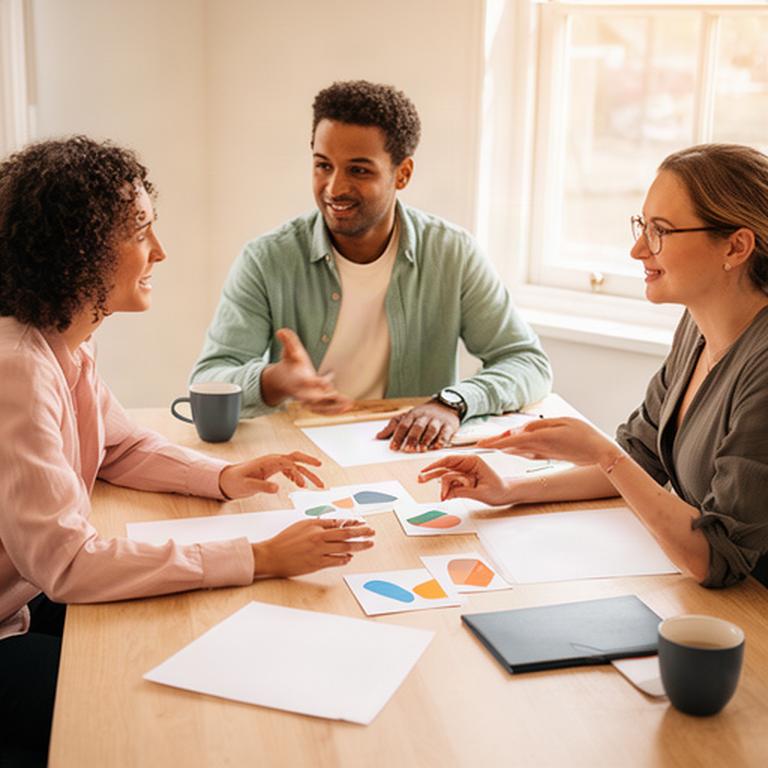 Small consulting team planning a data project around a table with printed charts