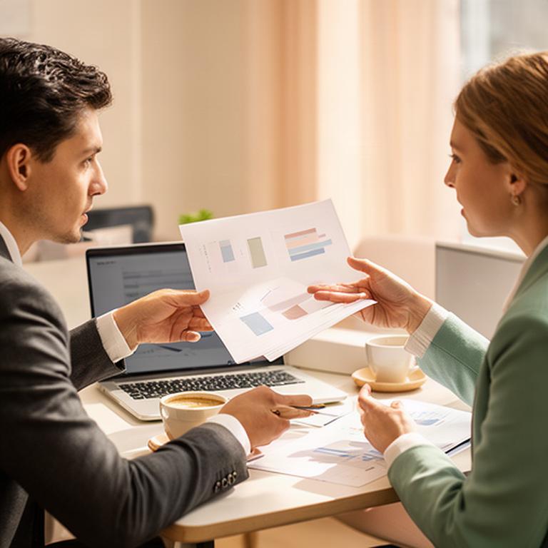 Consultant explaining a performance report to a client at a shared desk