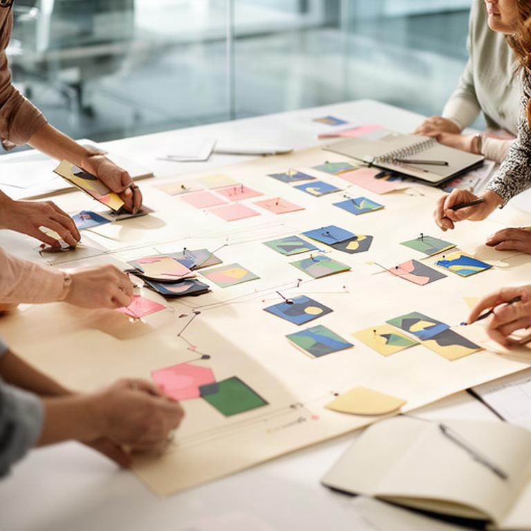 Operations team arranging coloured data cards on a planning board in a bright meeting room