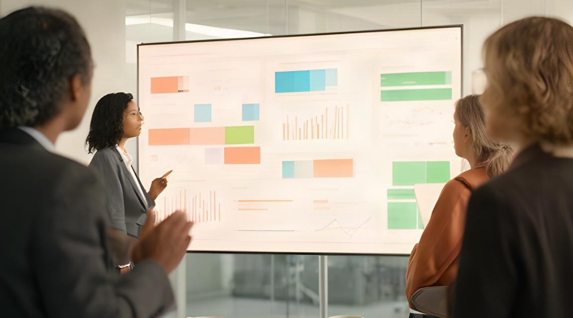 Business team examining an assortment performance dashboard on a large office screen