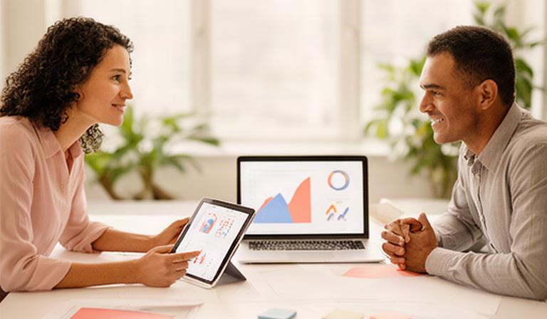 Two colleagues discussing a business dashboard around a bright meeting table