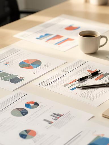 Printed business report pages with coloured charts arranged on a consultation table
