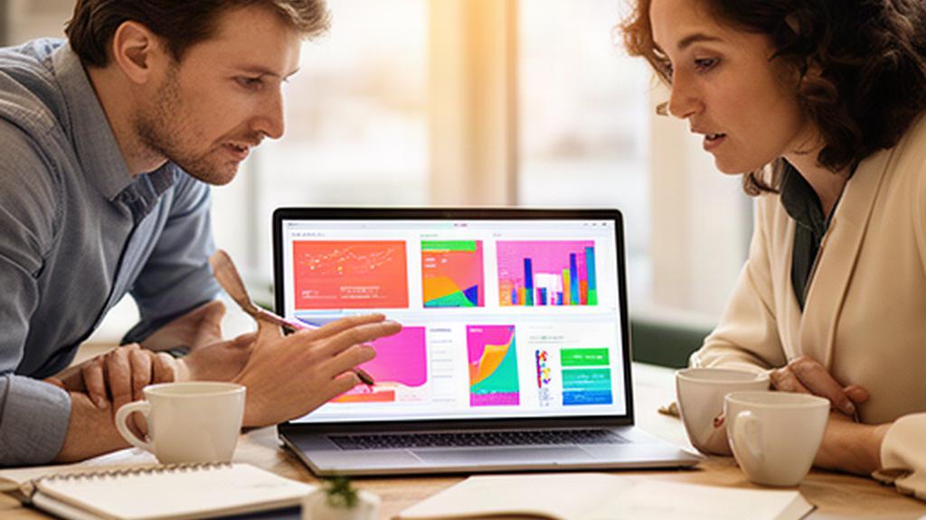 Business partners studying a colourful performance dashboard on a laptop