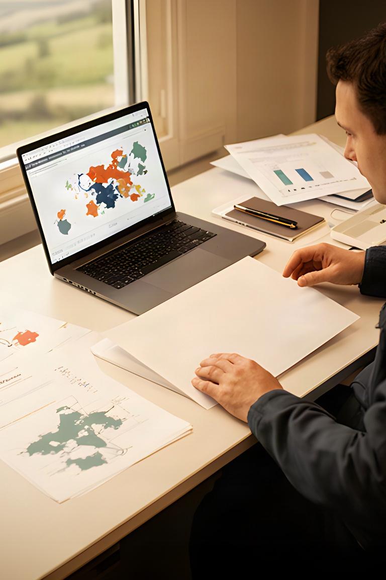Transport manager comparing fuel figures and clustered route maps at a desk