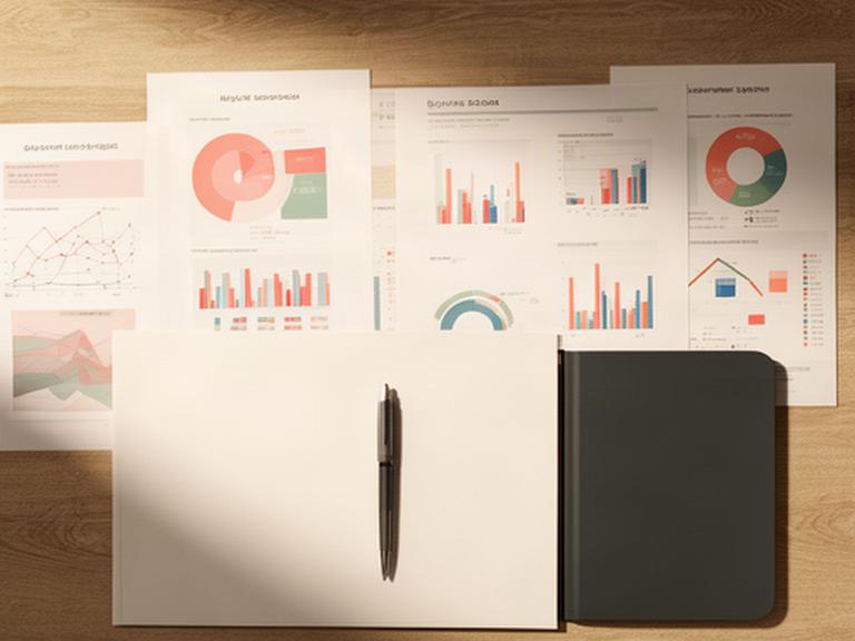 Strategic planning notes and printed data charts arranged on a wooden desk