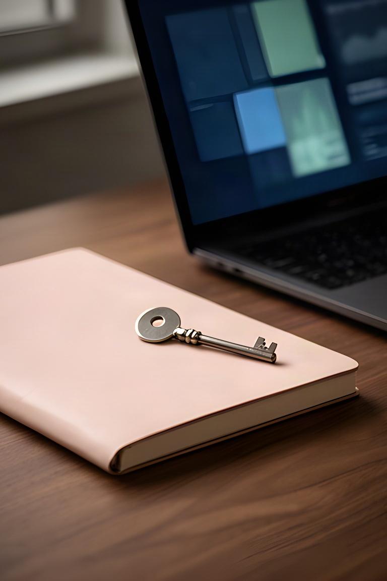 Closed notebook and key on a desk beside a secure laptop used for business analysis