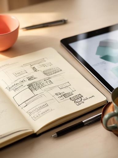 Open notebook with business briefing notes beside a tablet and coffee