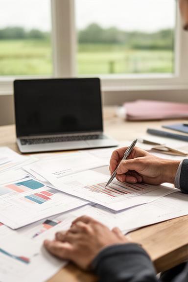 Analyst writing observations beside printed charts in a Norfolk office