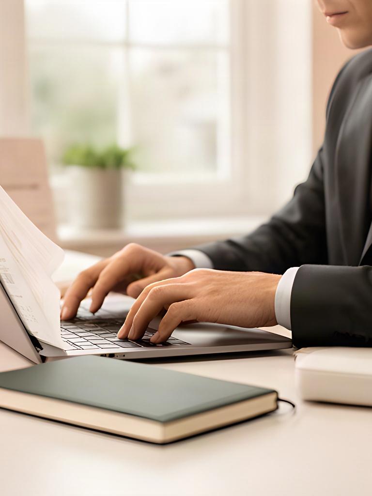 Analyst reviewing business data on a laptop beside a notebook in a bright Norfolk office