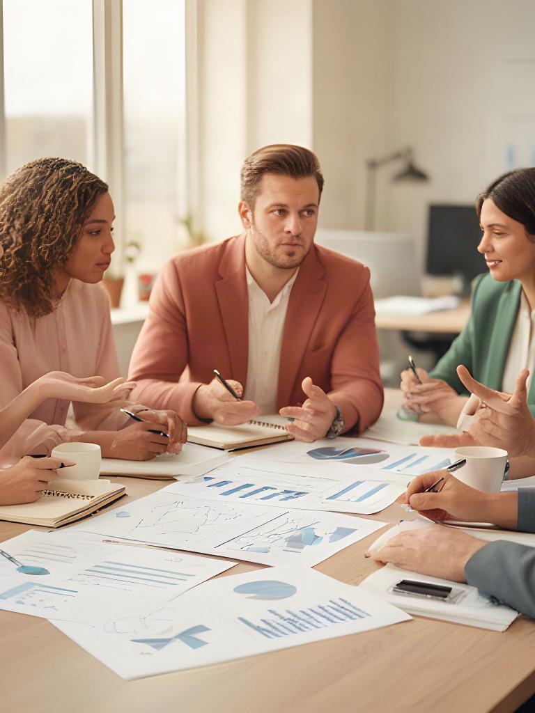 Analysts reviewing a printed data chart around a table in a Norfolk office