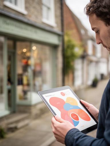 Retail analyst reviewing colourful spending charts beside a shopfront in Norfolk