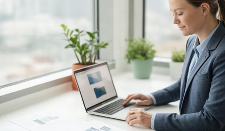 Business analyst reviewing data governance notes beside a bright office window