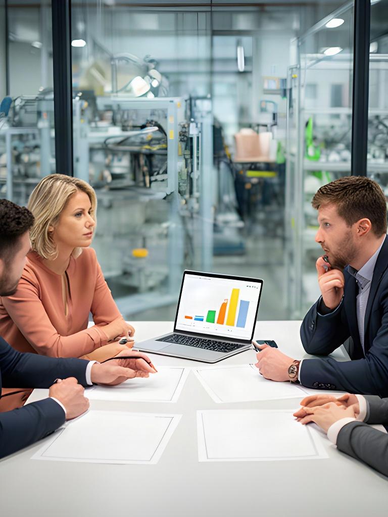 Manufacturing finance team comparing investment scenarios around a conference table