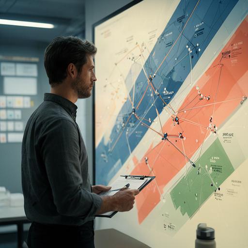 Logistics planner examining delivery routes and depot data on a wall display