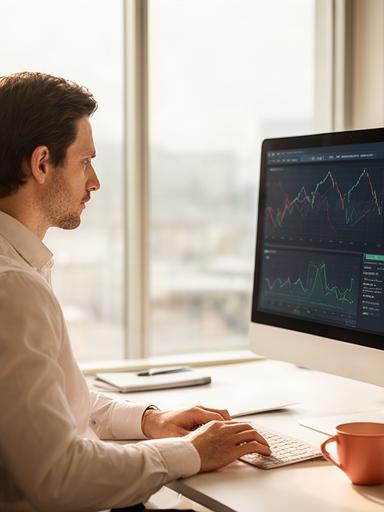 Analyst reviewing live market charts beside a bright office window