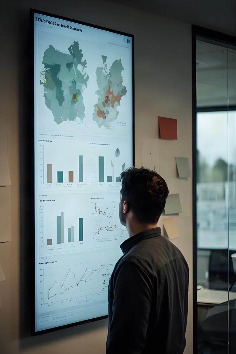 Regional benchmark charts on a wall screen in a Norfolk analytics workspace