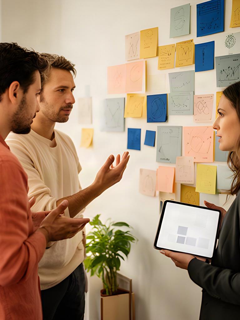 Customer team discussing retention patterns on a wall of coloured data cards