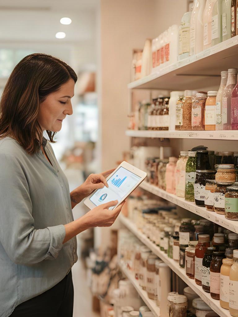 Retail analyst reviewing product shelves and sales charts in a Norfolk shop