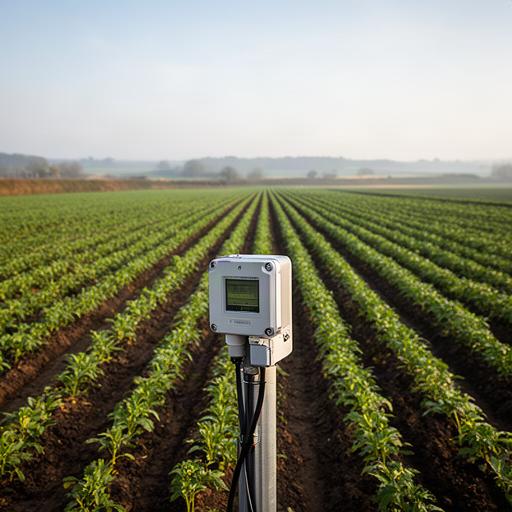 Agricultural technology sensor in a Norfolk field with crop rows behind it