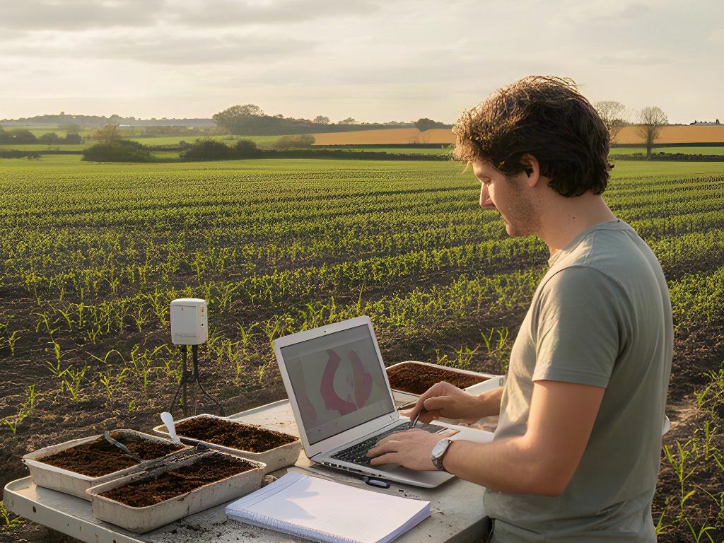 AgriTech researcher reviewing soil readings and field notes beside a laptop
