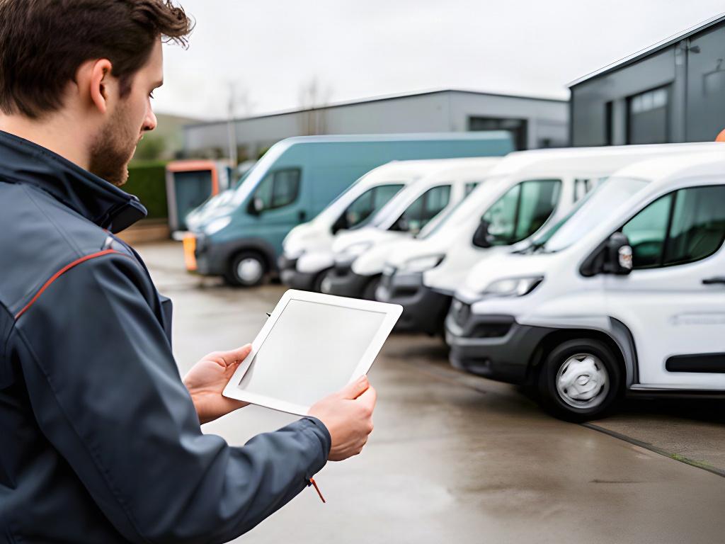 Logistics planner studying delivery routes beside a commercial vehicle fleet