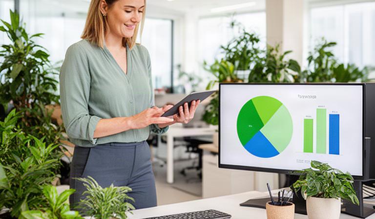 Sustainability manager checking emissions metrics in a modern Norfolk workspace