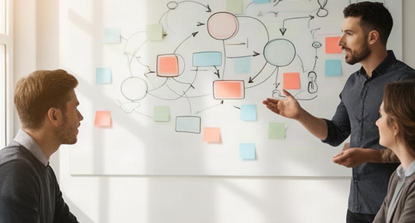 Strategy notes and connected data points on a whiteboard in a small team workshop