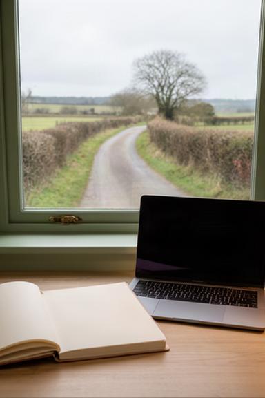 Quiet Norfolk office setting with a notebook, laptop and view of a rural lane