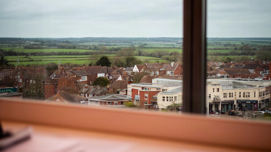 Norfolk business district viewed through an office window with a data report in the foreground