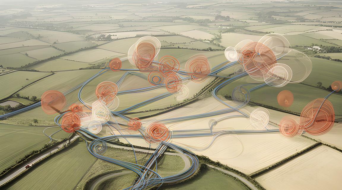 Route clustering visual showing grouped delivery journeys across rural roads