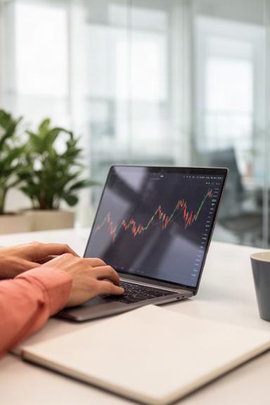 Energy analyst modelling price movements on a laptop in a bright Norfolk office
