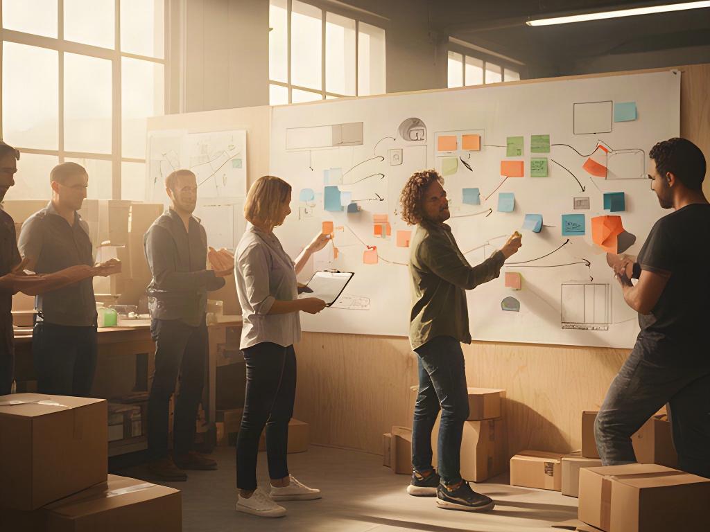 Consultant mapping hand-offs with a logistics team in a sunlit workshop