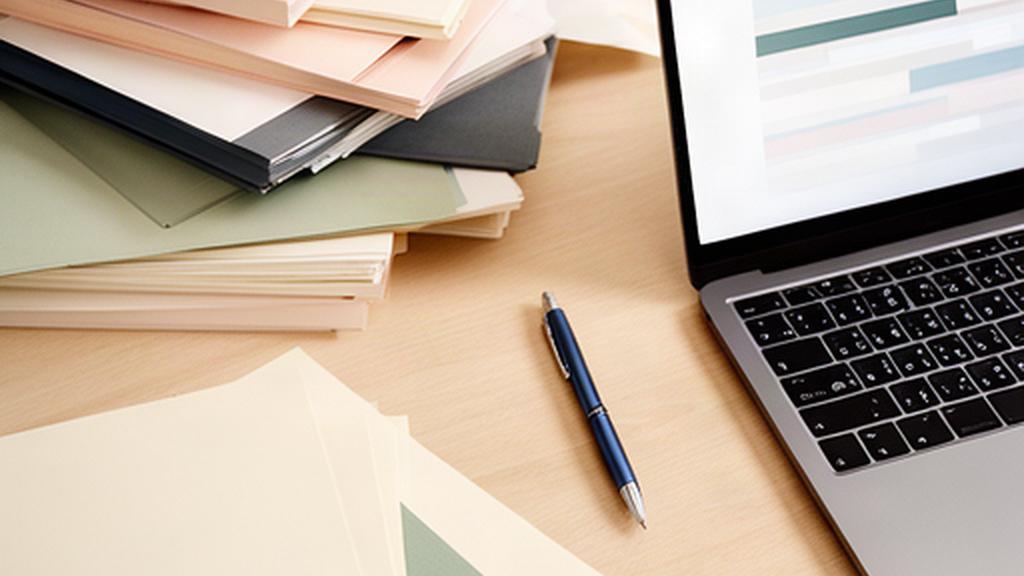Organised business records and a pen beside a laptop showing a simple data table
