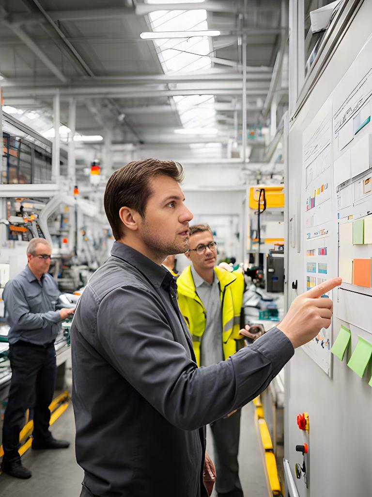 Operations manager examining workflow boards on a busy production floor