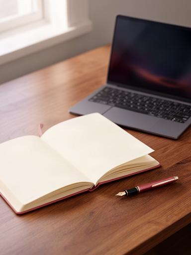 Open legal notebook beside a laptop and pen on a tidy wooden desk
